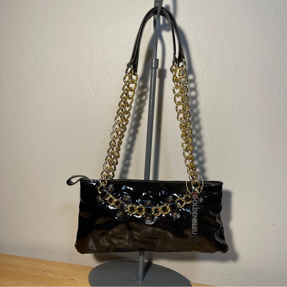 GOLDENBLEU Patent Leather Gold Tone Chain Straps Shoulder Bag.